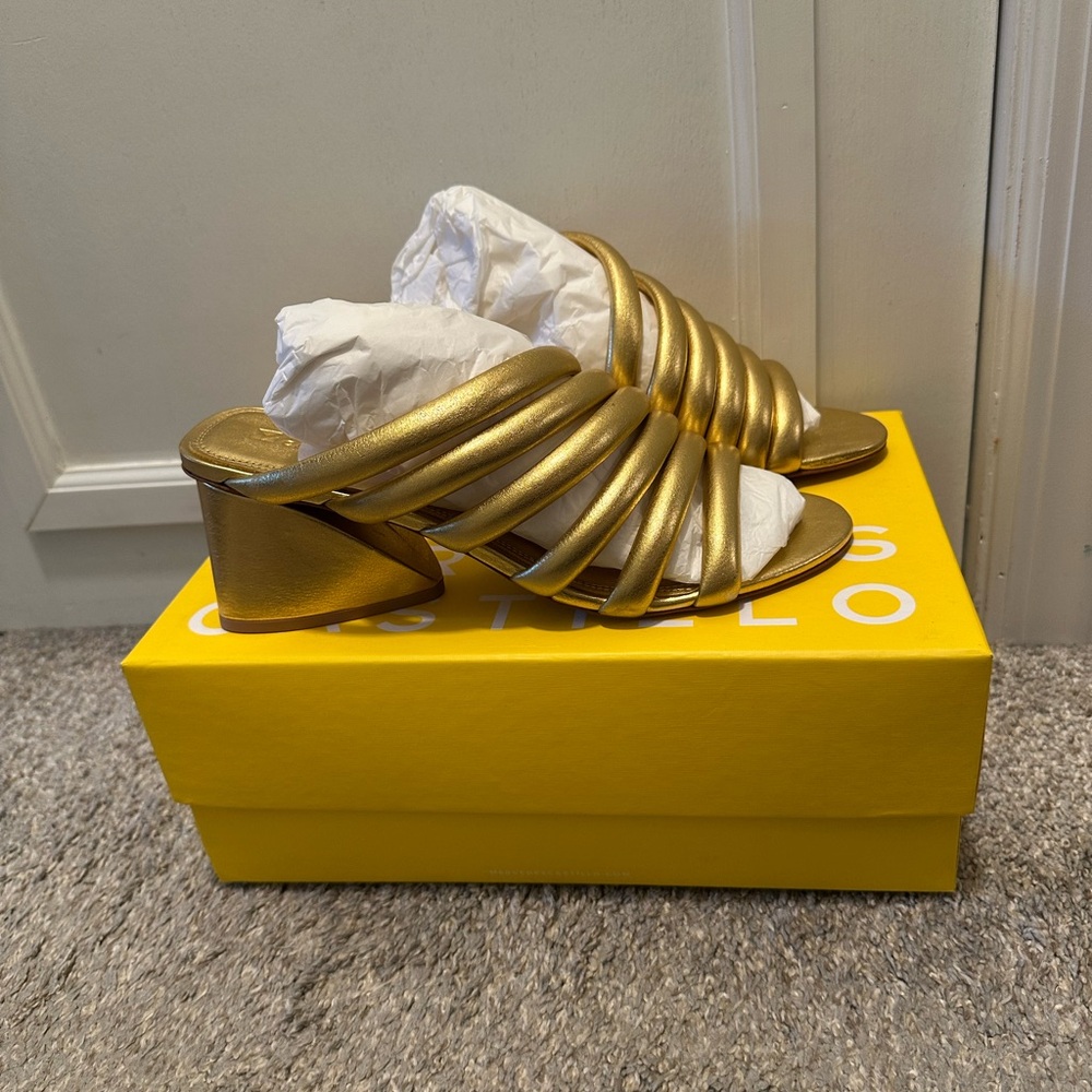 Mercedes Castillo Gold Metallic Izzie Heel Block Sandals - Picture 2 of 7